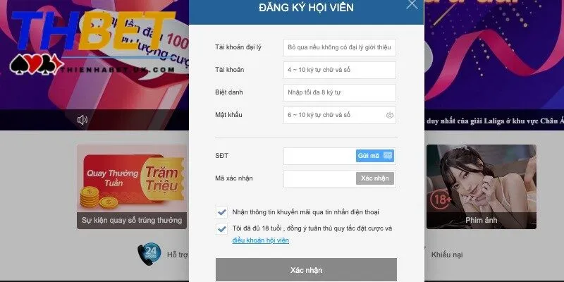 Trang đăng ký Thienhabet phiên bản dành cho PC
